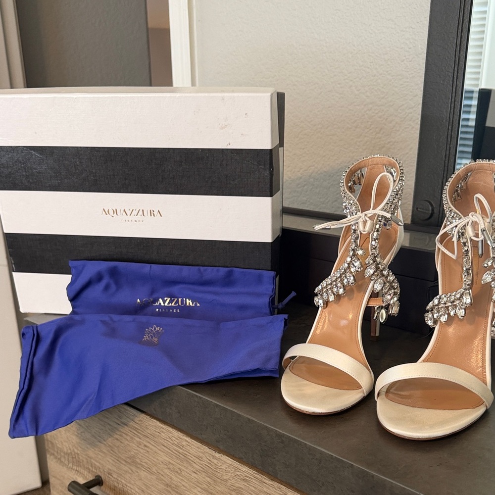 Aquazzura Crystal-Embellished Cream Heels